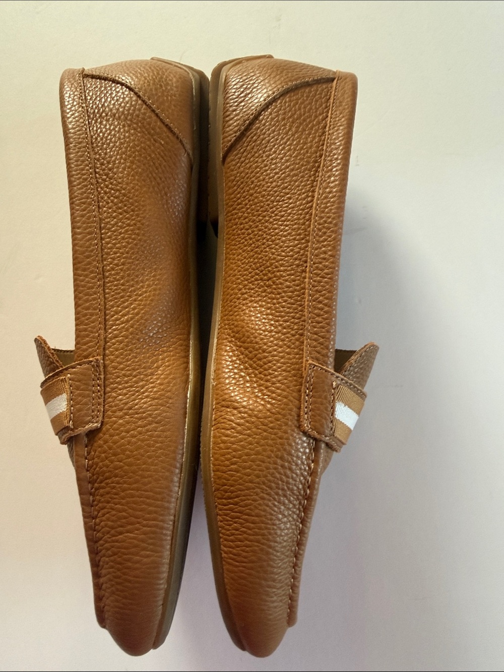 Talbots Tan Leather Loafers with Striped Ribbon and Gold Buckle - Picture 2 of 6